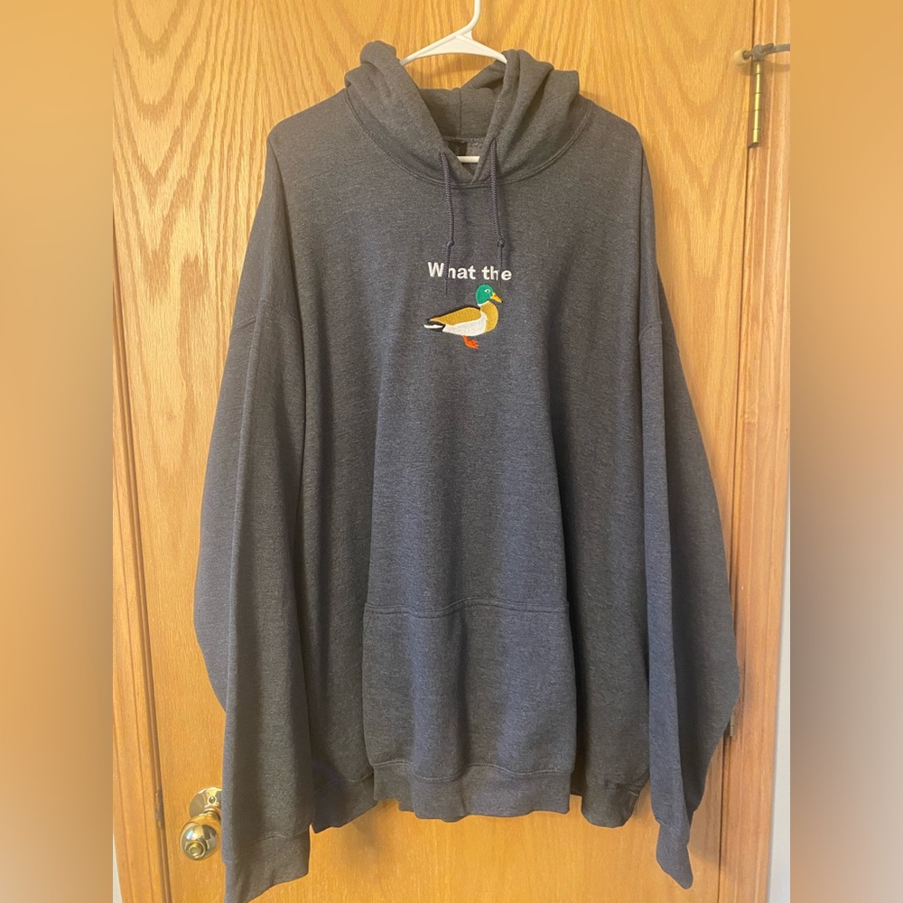 EUC MoeSews What The Duck Dark Gray Embroidered Pullover Hoodie size 5x